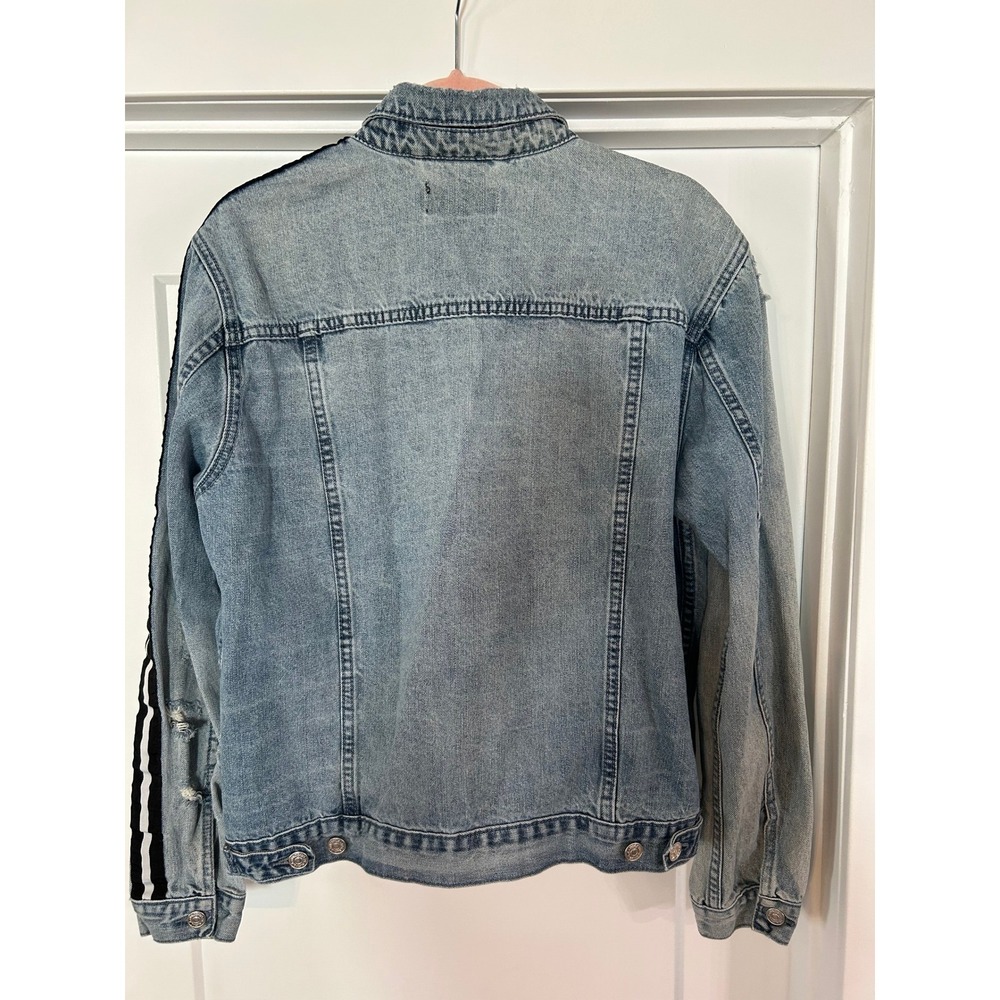 PacSun Mens LA Denim Jacket Distressed Trucker Style Racing Stripe Medium Grunge - Picture 4 of 8